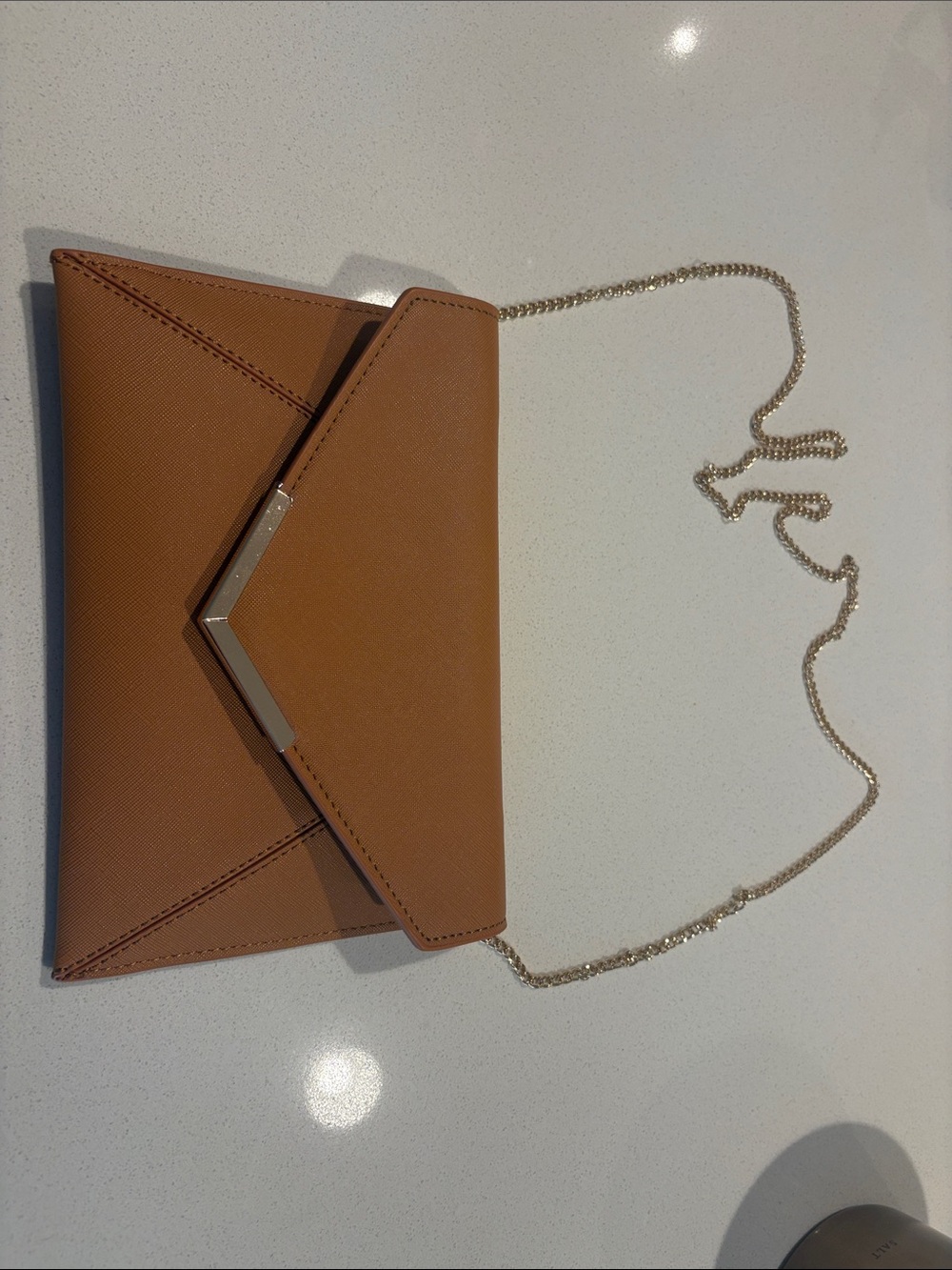 Structured Tan Envelope Clutch with Gold Chain
